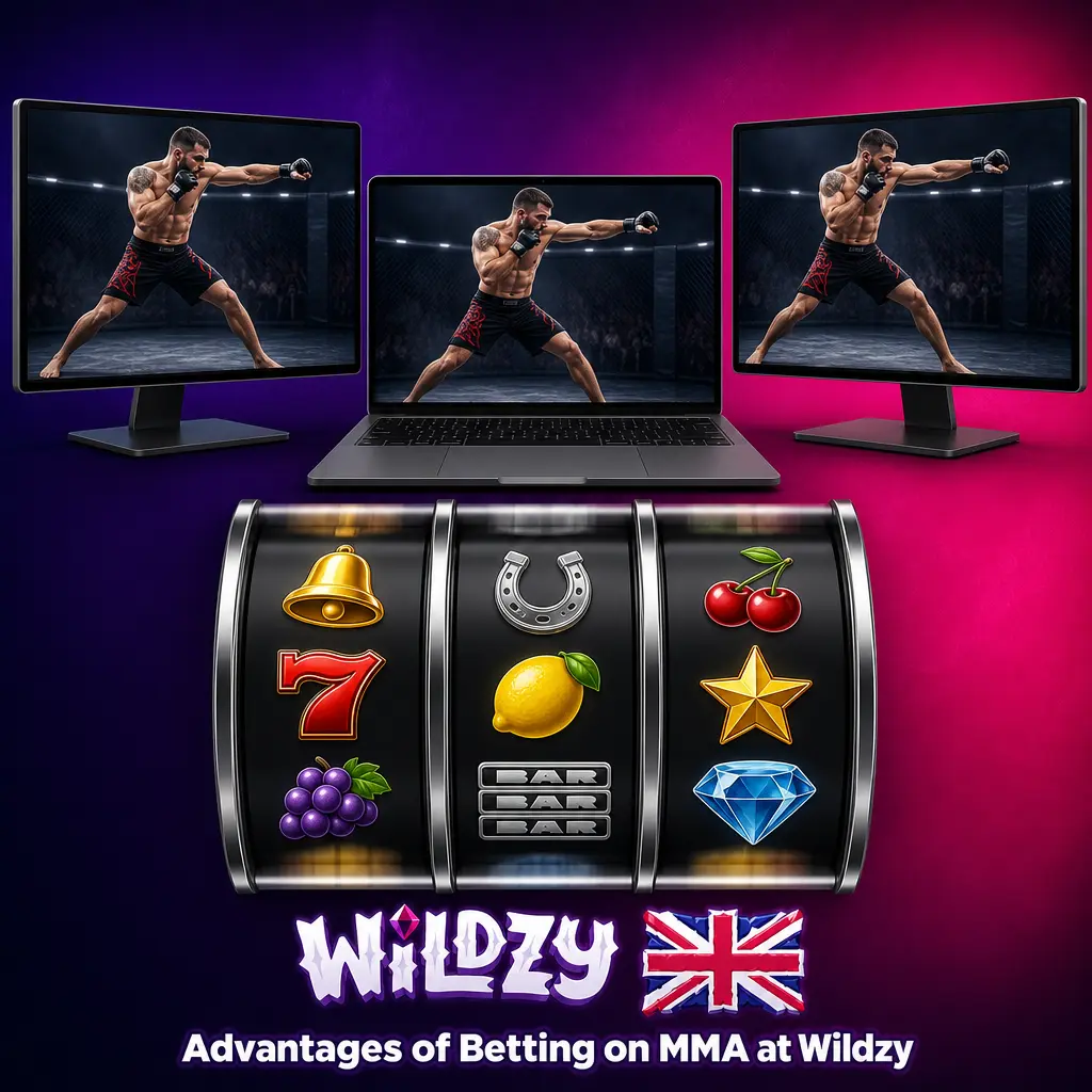 Wildzy MMA betting platform showing UFC odds, live markets, and mobile app interface for UK bettors