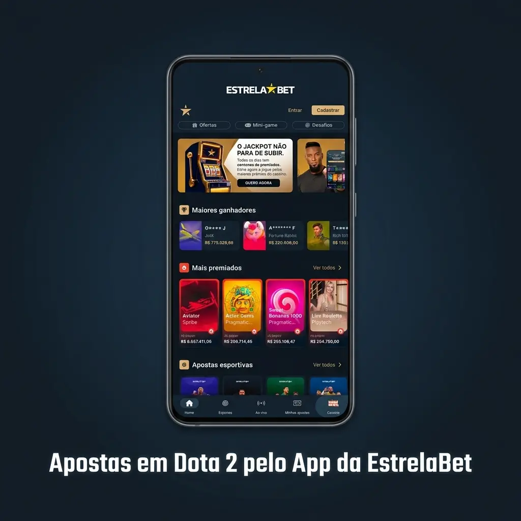 Tela do app EstrelaBet no Android mostrando apostas em Dota 2 com mercados e odds em tempo real