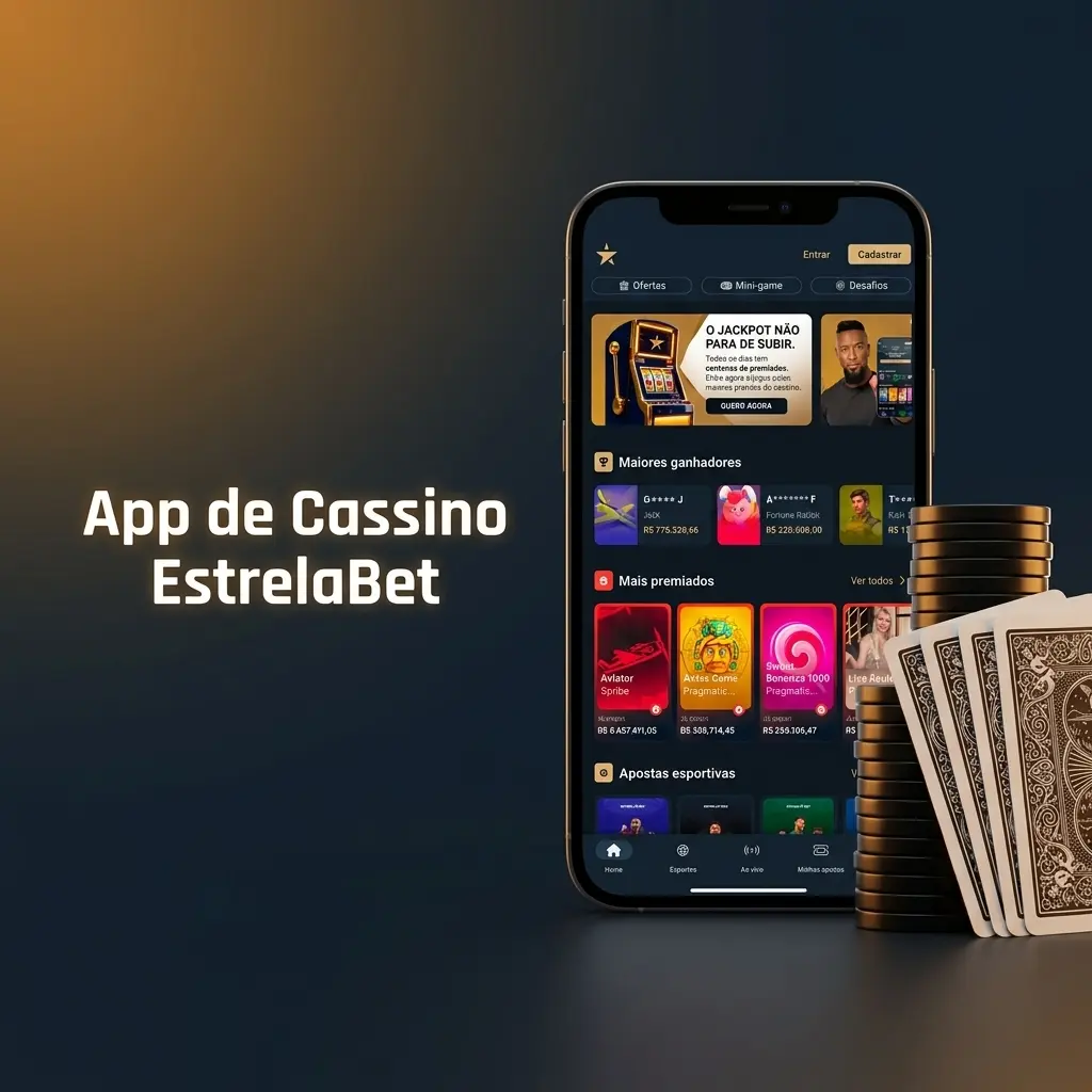 Tela inicial do app EstrelaBet com jogos de cassino ao vivo, caça-níqueis e mesas de blackjack e roleta