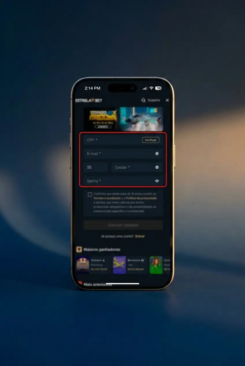 Cadastro no aplicativo EstrelaBet em smartphone, tela de registro com campos de nome, CPF e data de nascimento