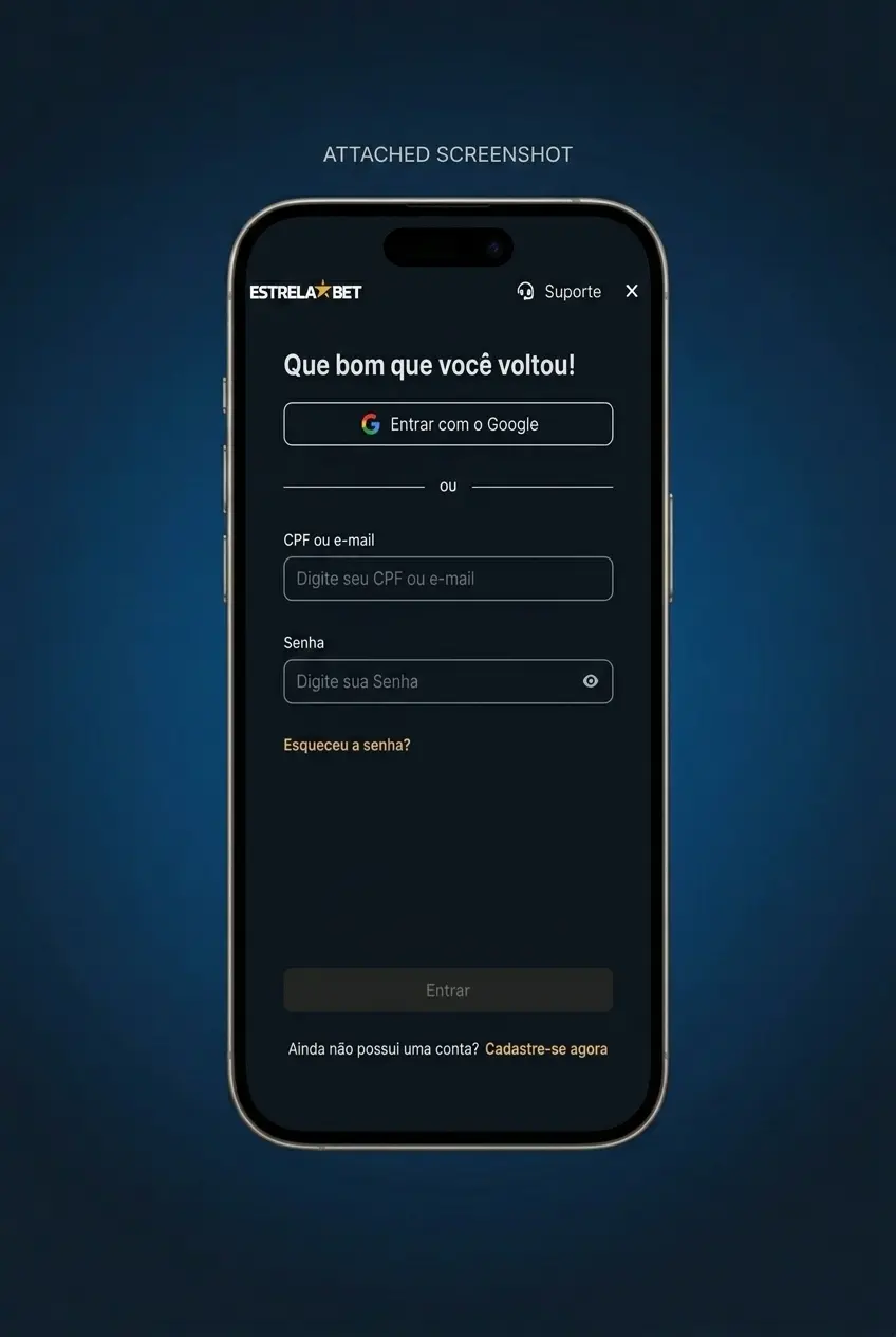 Tela de login do aplicativo EstrelaBet no Android com campos de e-mail e senha visíveis