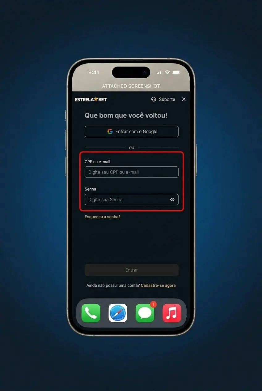 Tela de login do aplicativo EstrelaBet no Android com campos de e-mail e senha visíveis