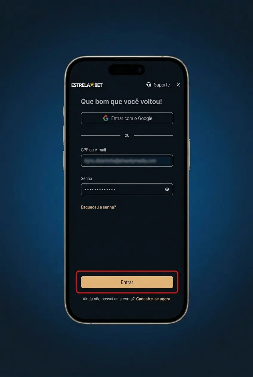 Tela de login do aplicativo EstrelaBet no Android com campos de e-mail e senha visíveis