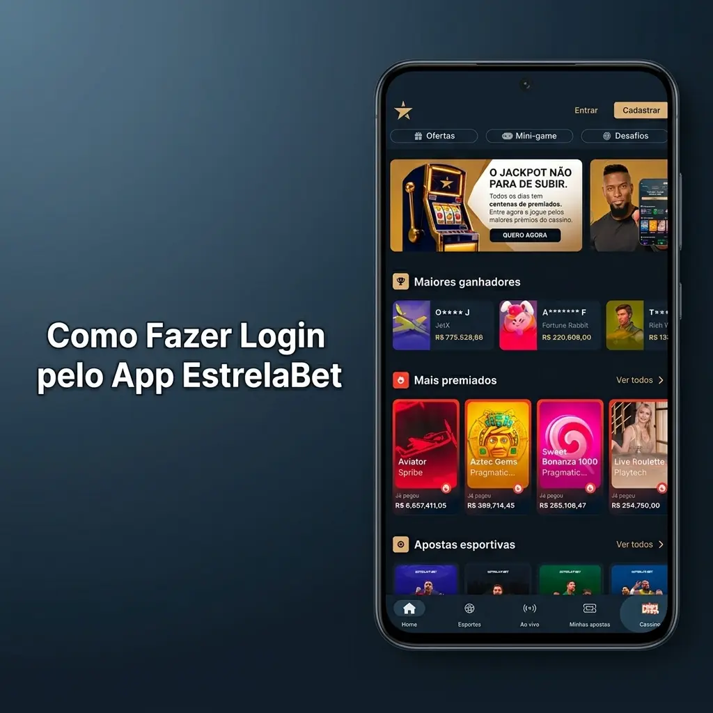 Tela de login do app EstrelaBet com campos para CPF, e-mail e senha para acessar apostas e cassino
