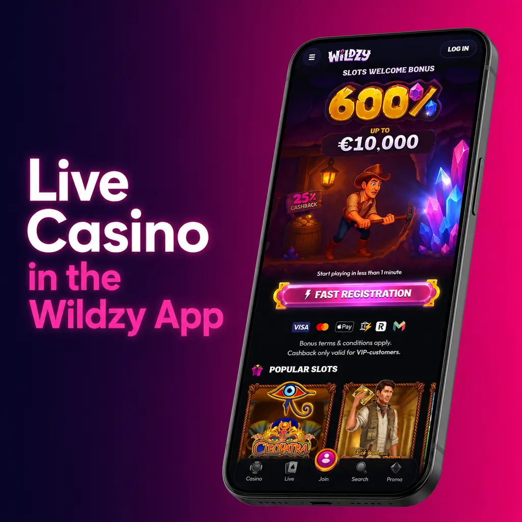 Wildzy mobile app live casino interface showing live dealer table games from Evolution Gaming and Pragmatic Play on a smartphone