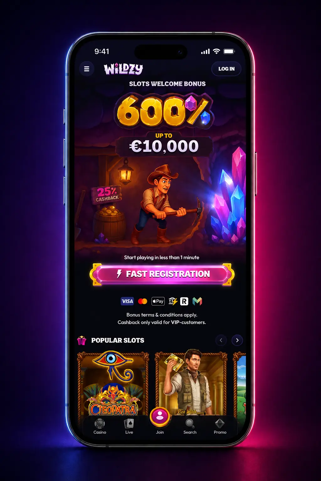Wildzy mobile app displaying MMA and UFC betting markets with live odds and in-play options on iOS and Android