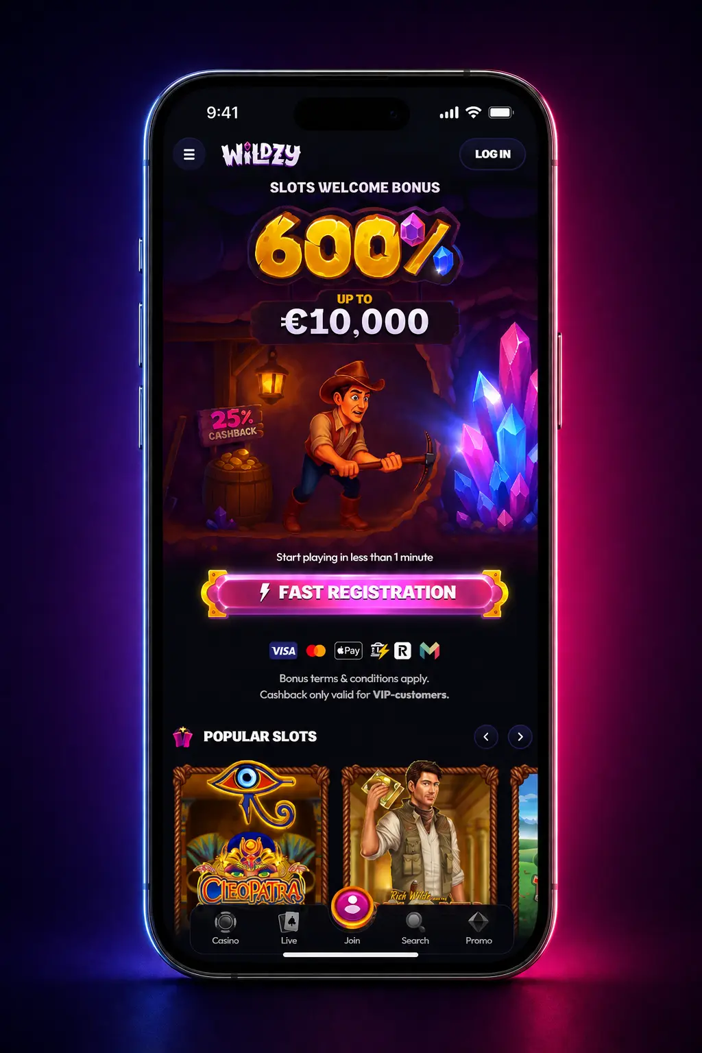 Wildzy mobile app showing MMA and UFC betting markets with live odds and in-play options on iOS and Android
