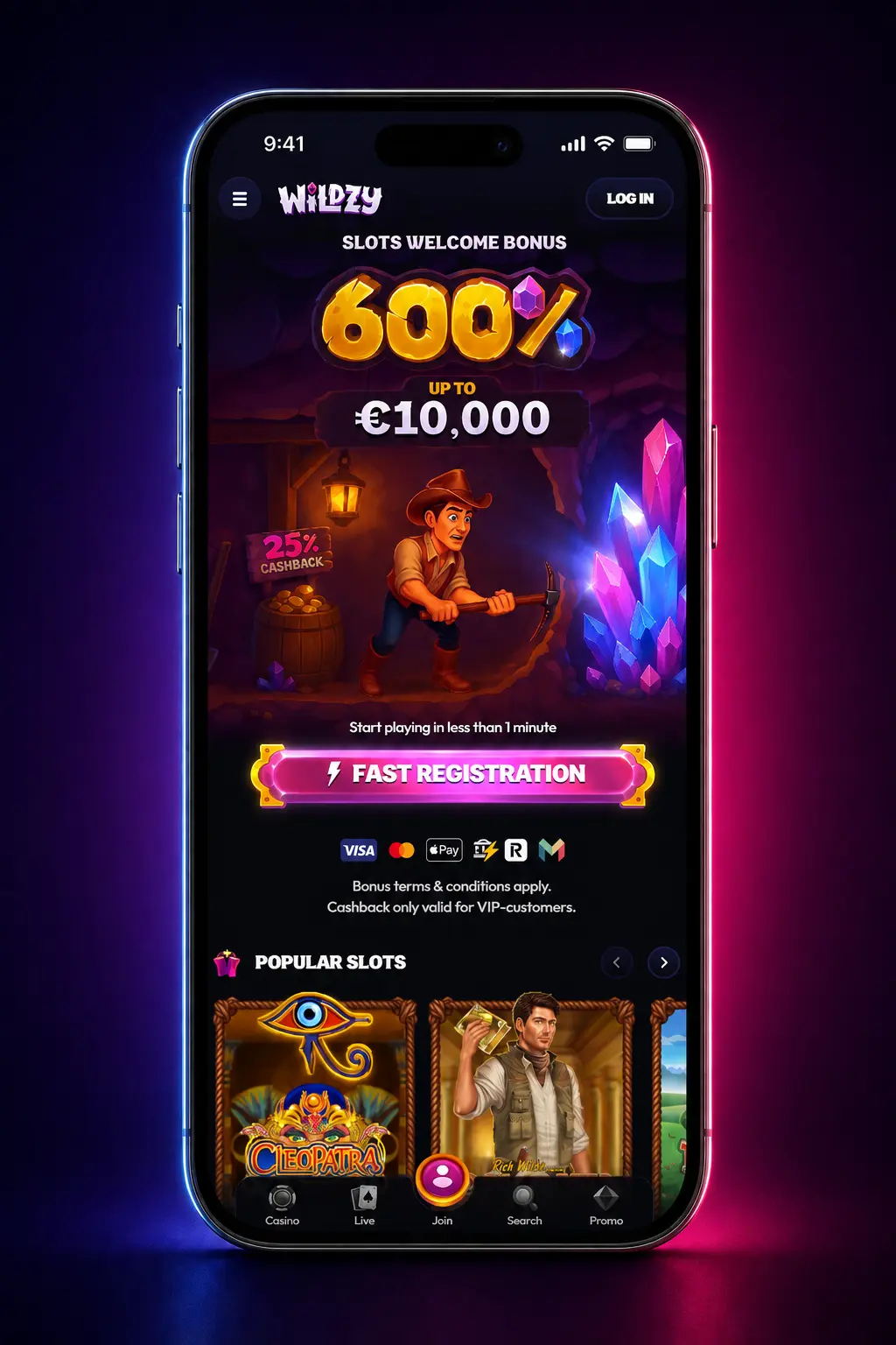 Wildzy mobile app displaying MMA and UFC betting markets with live odds and in-play options on iOS and Android