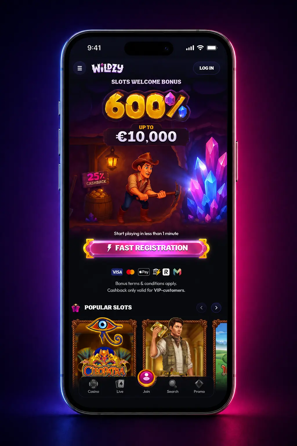 Wildzy mobile app displaying MMA and UFC betting markets with live odds on iOS and Android devices