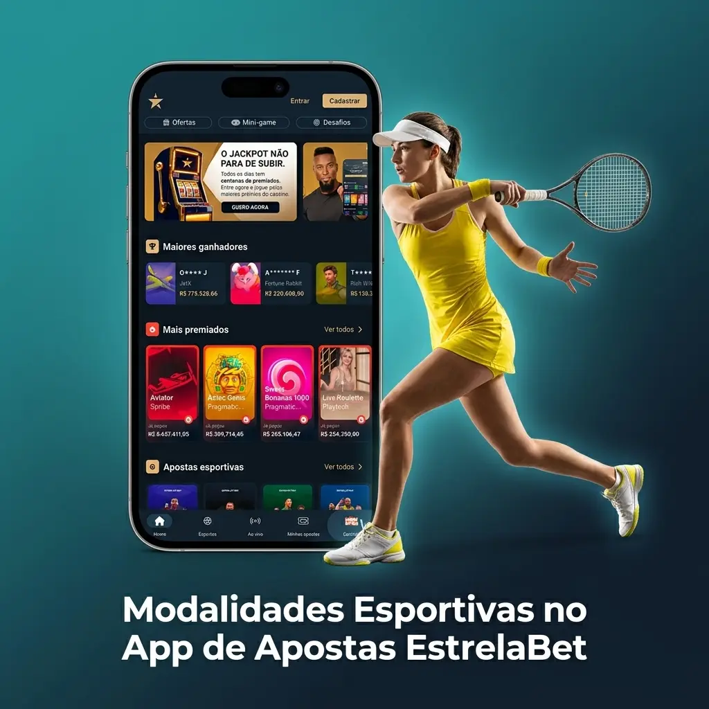 Modalidades esportivas disponíveis no app EstrelaBet, incluindo futebol, basquete, tênis, MMA e eSports ao vivo