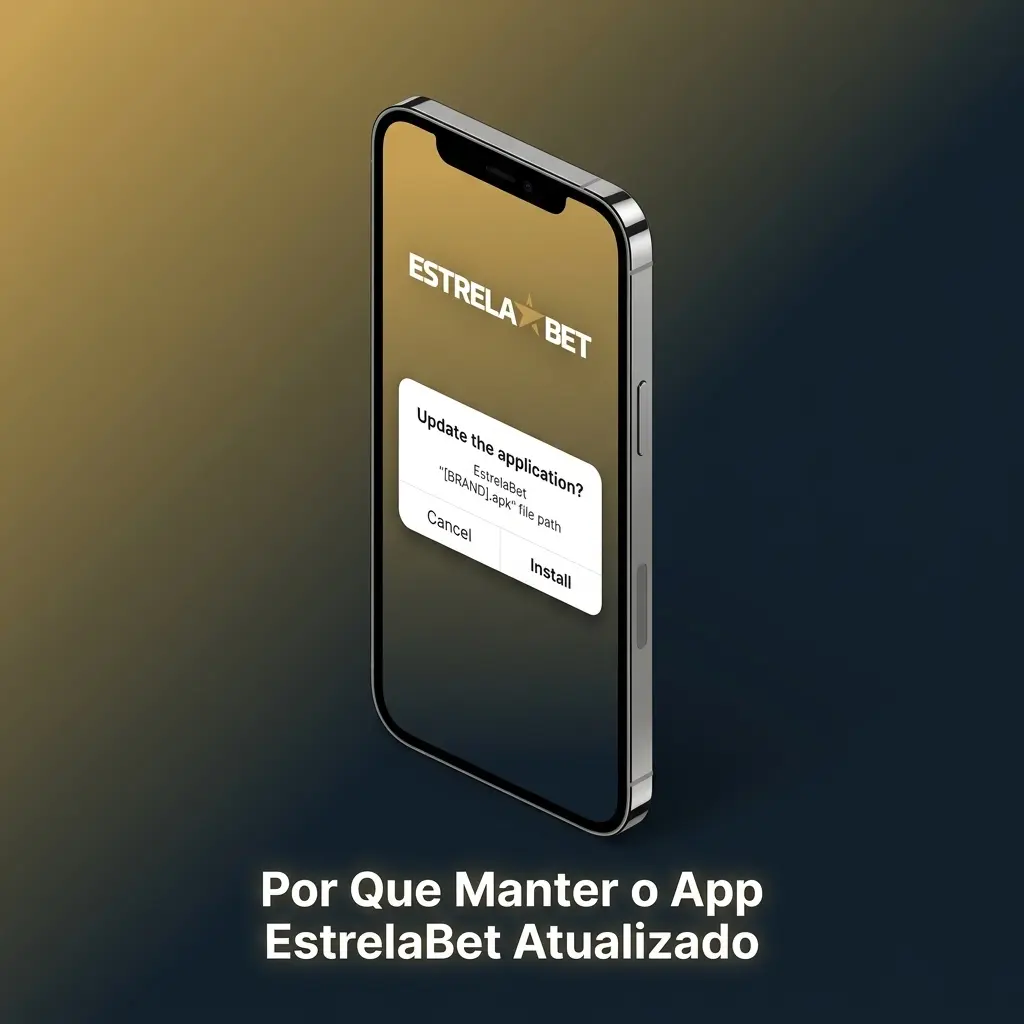 Smartphone exibindo atualização do app EstrelaBet com ícones de segurança e novos recursos desbloqueados