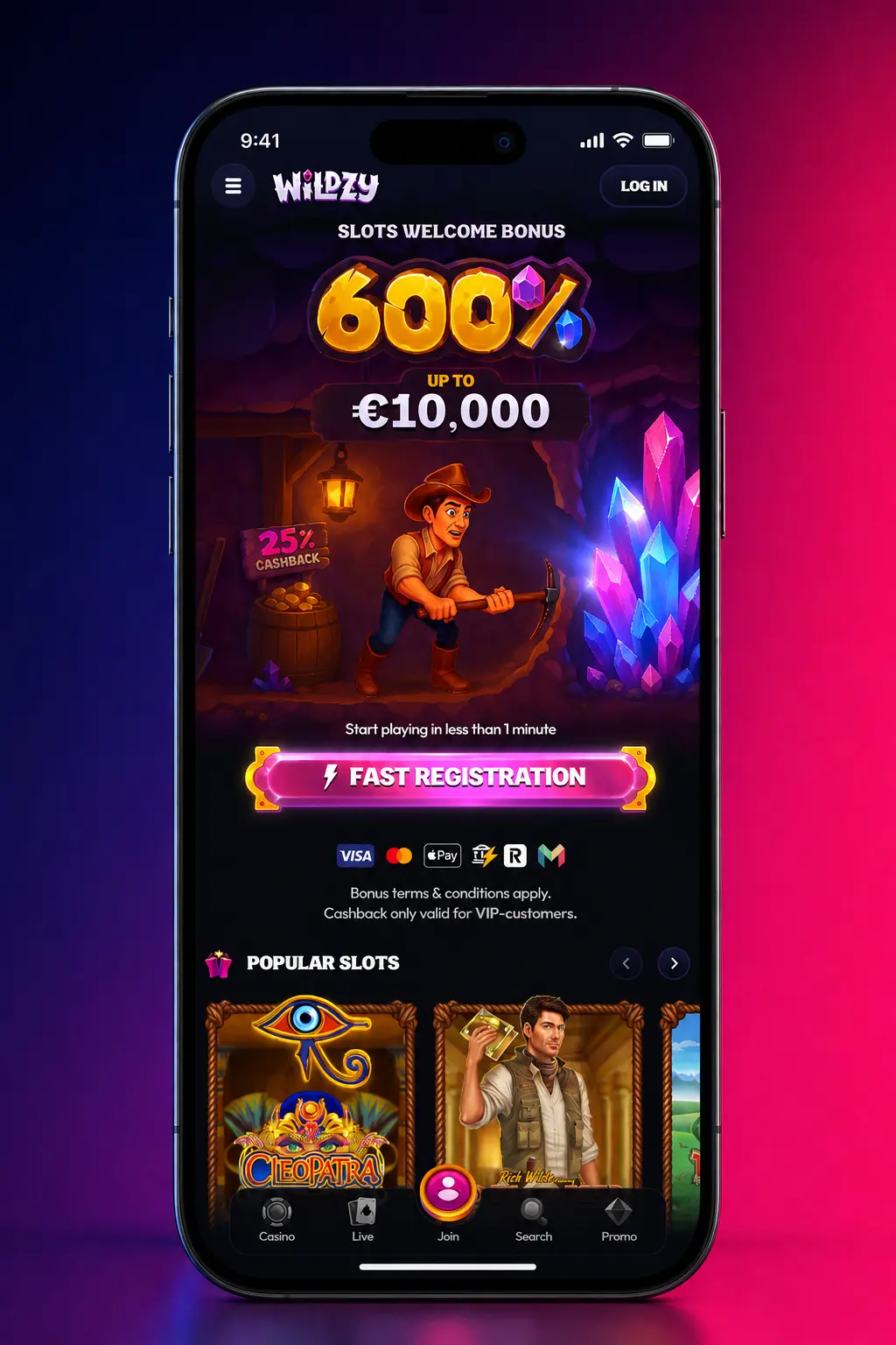 Wildzy mobile app displaying tennis betting markets with live odds and in-play options on a smartphone screen
