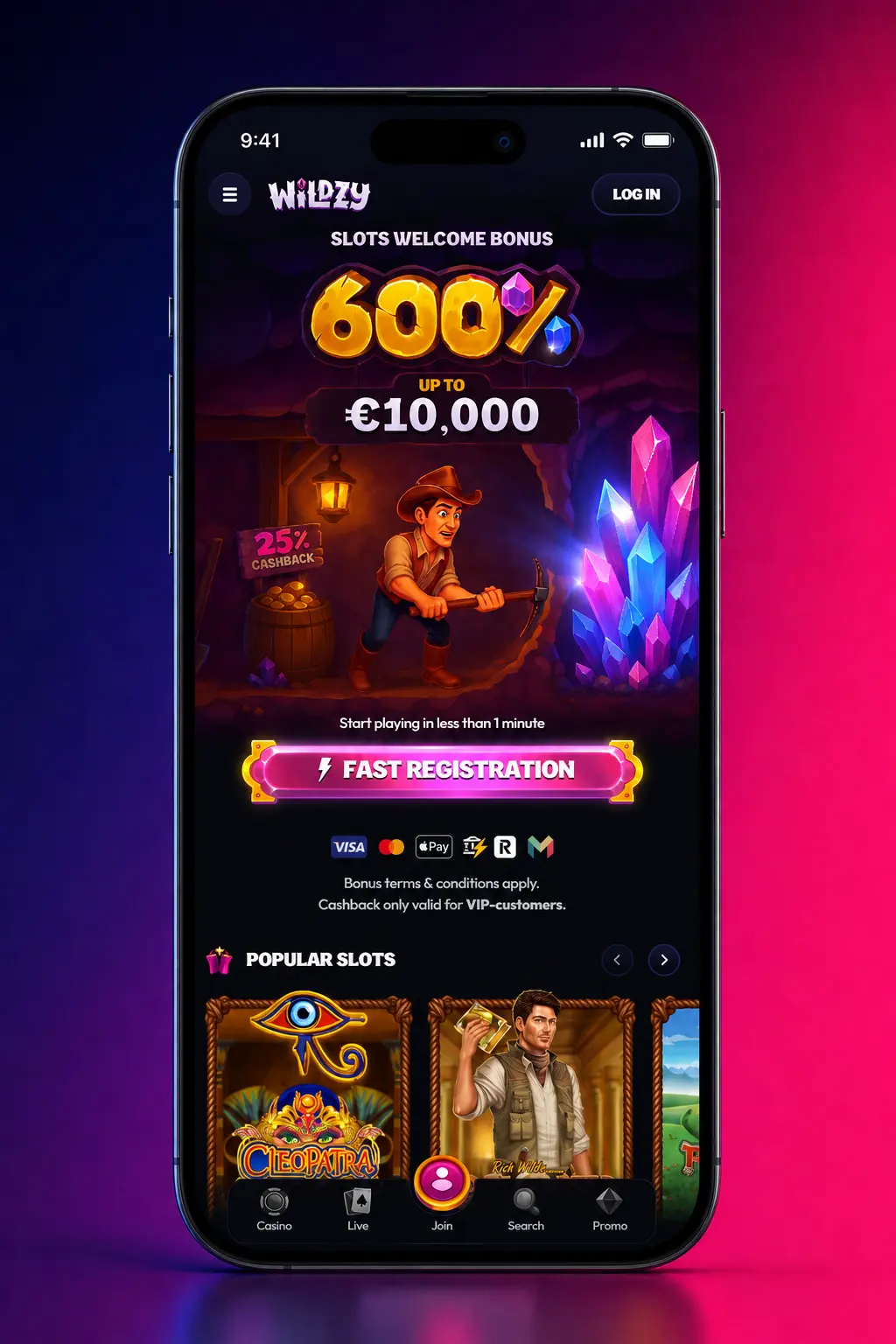 Wildzy mobile app displaying tennis betting markets with live odds and in-play options on a smartphone screen