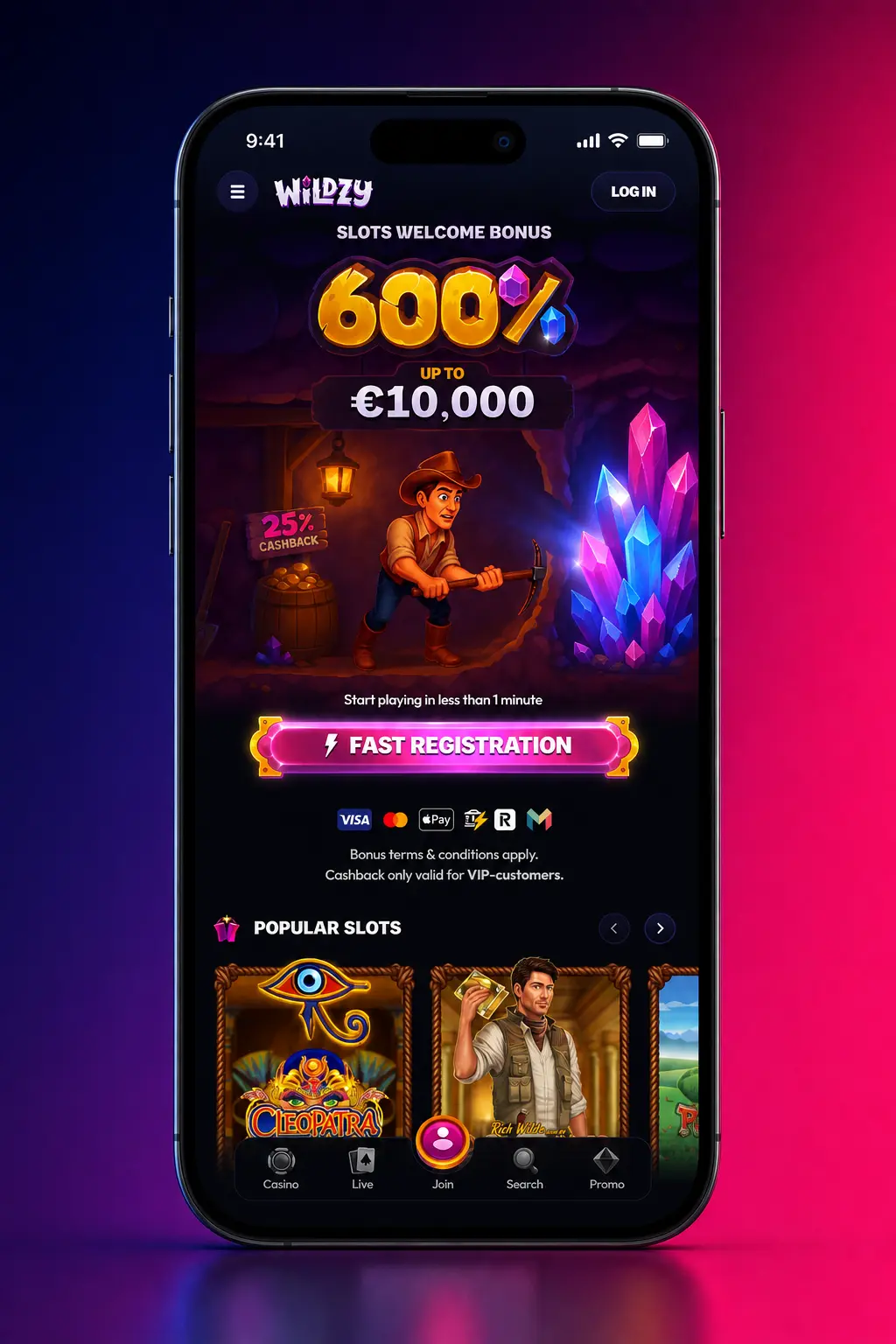 Wildzy mobile app displaying tennis betting markets with live odds and in-play options on a smartphone screen