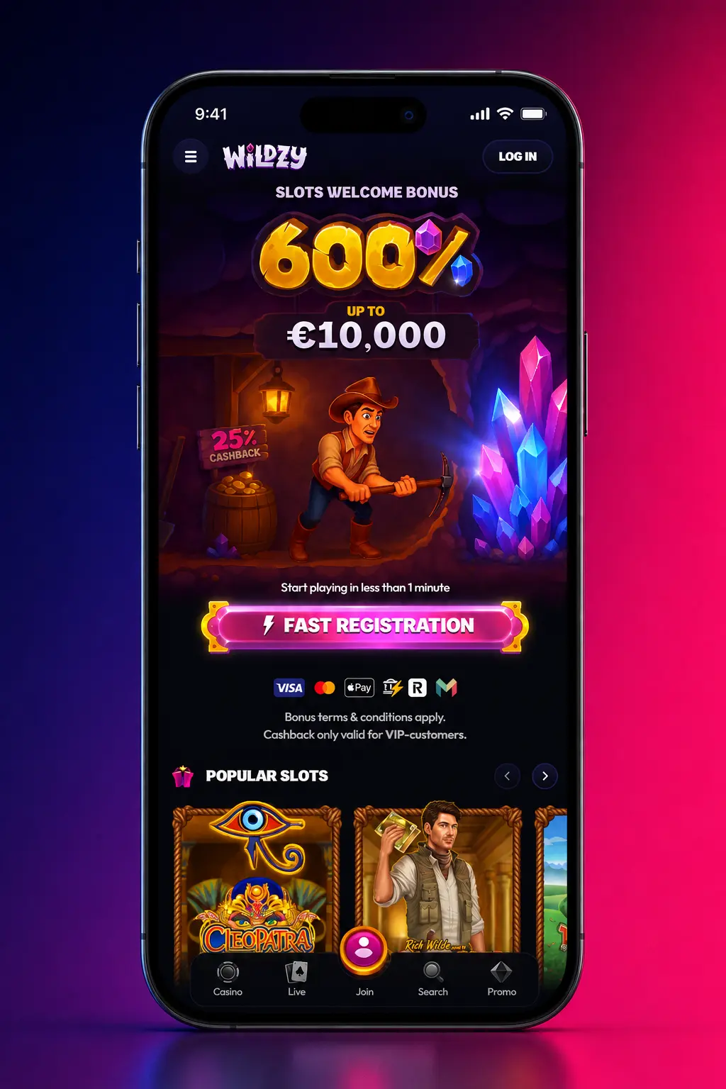 Wildzy mobile app displaying tennis betting markets with live odds and in-play options on a smartphone screen