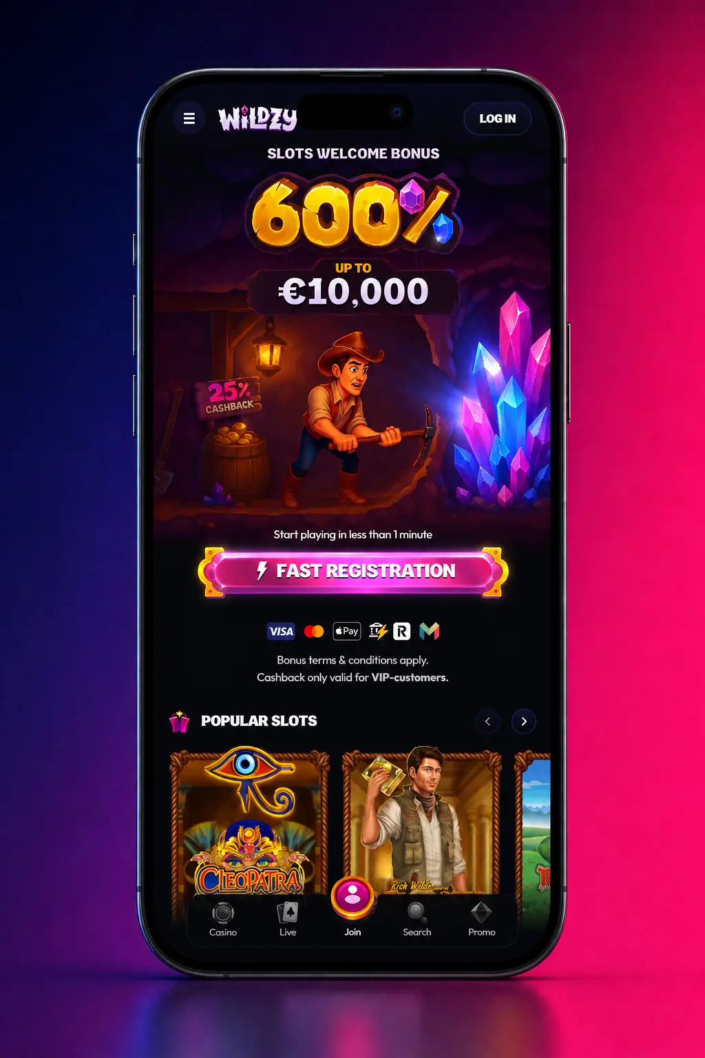 Wildzy mobile app showing tennis betting markets and live in-play odds on a smartphone screen
