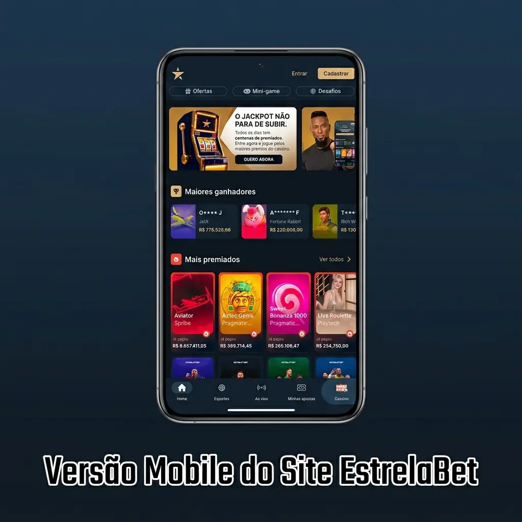 Site mobile da EstrelaBet aberto no navegador de um smartphone, exibindo apostas esportivas e cassino ao vivo