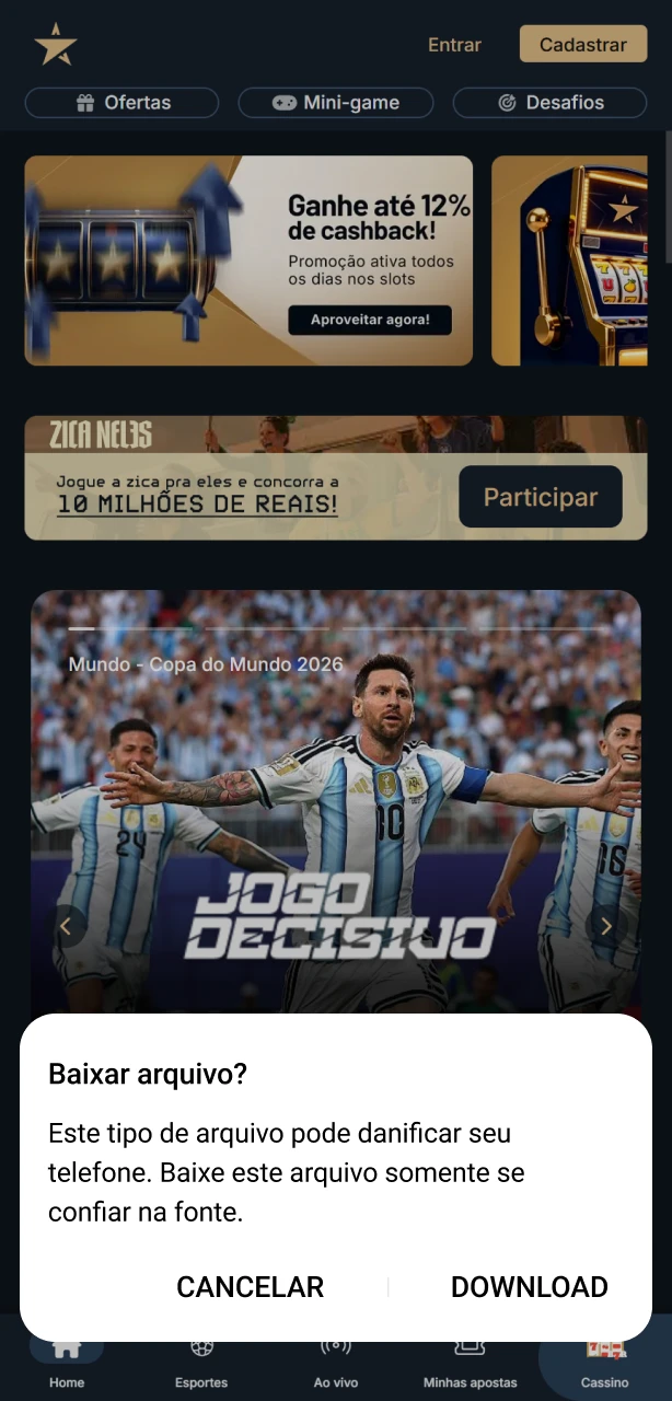 Confirme o download na janela pop-up do app EstrelaBet no Android.