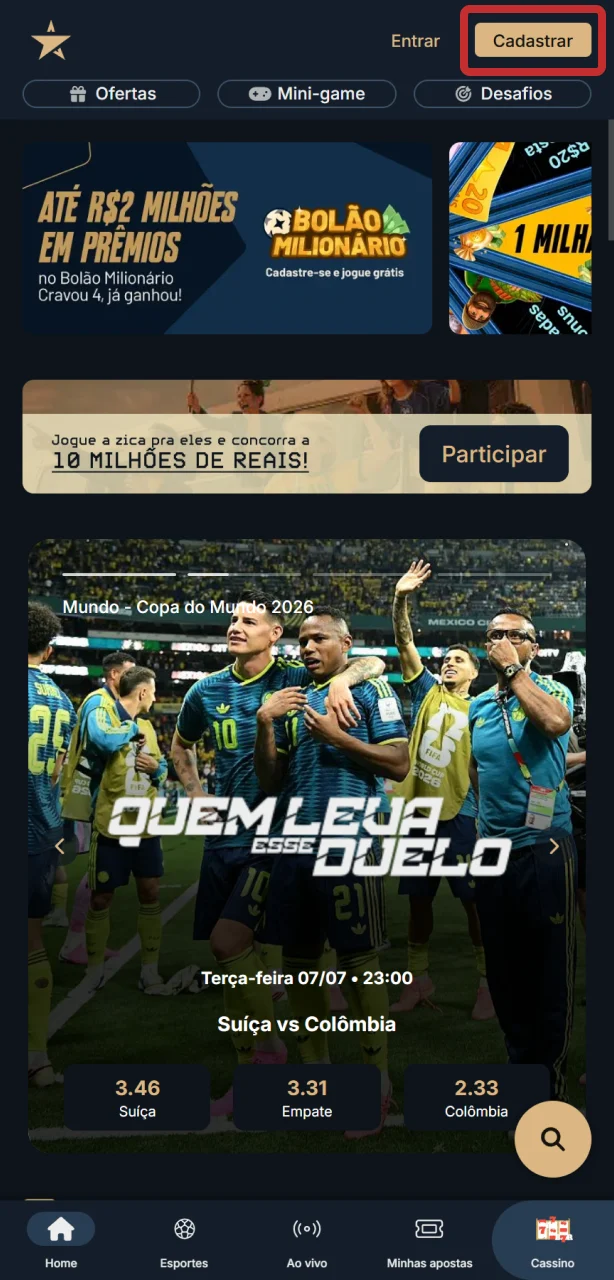 Toque em “Cadastrar” e escolha o método de registro no app EstrelaBet.