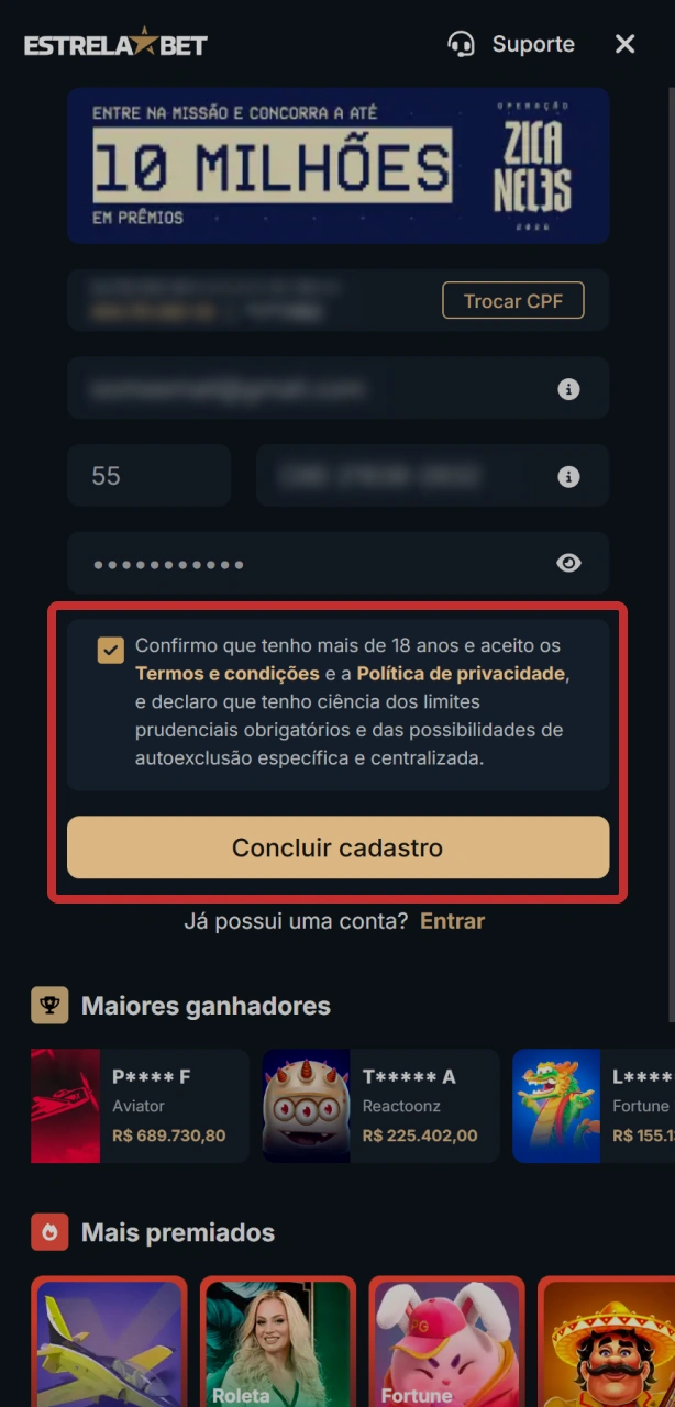 Confirme seu cadastro no app EstrelaBet para finalizar o seu perfil.