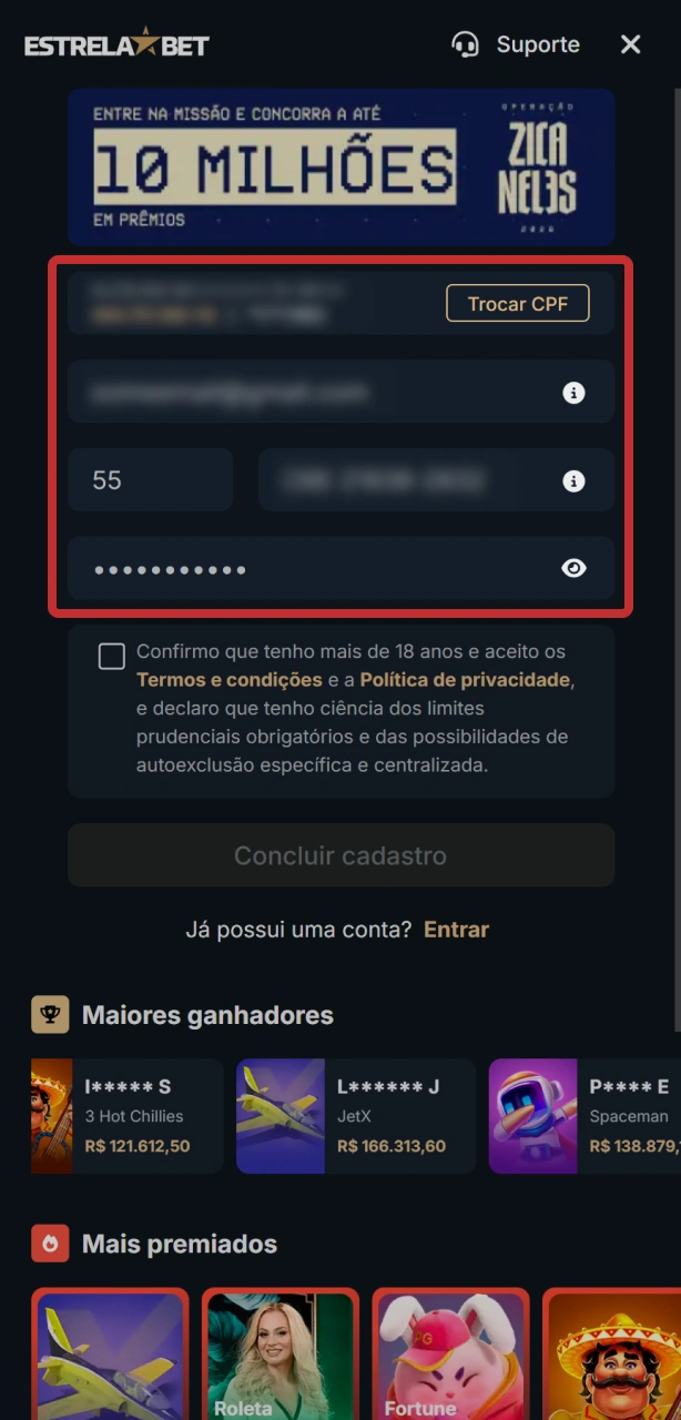 Preencha seus dados pessoais para validar a sua conta no app EstrelaBet.