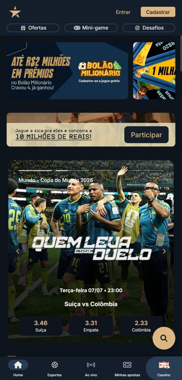 Abra a página inicial do App EstrelaBet para fazer suas apostas esportivas.