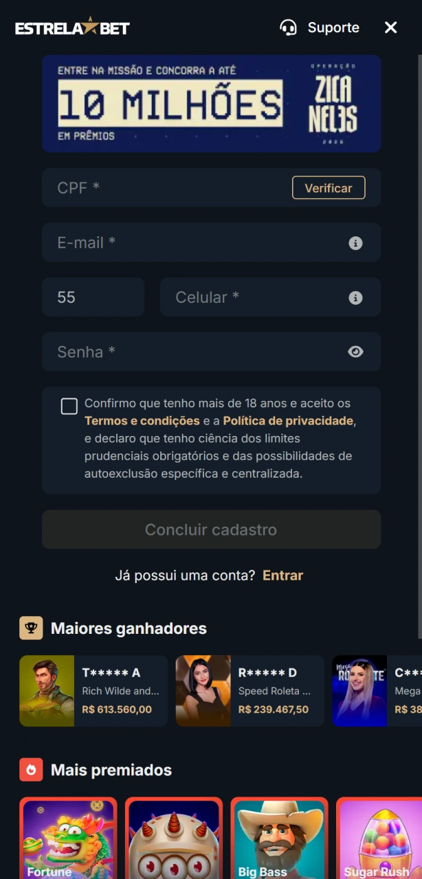 Acesse o formulário de cadastro no App EstrelaBet e crie sua conta.