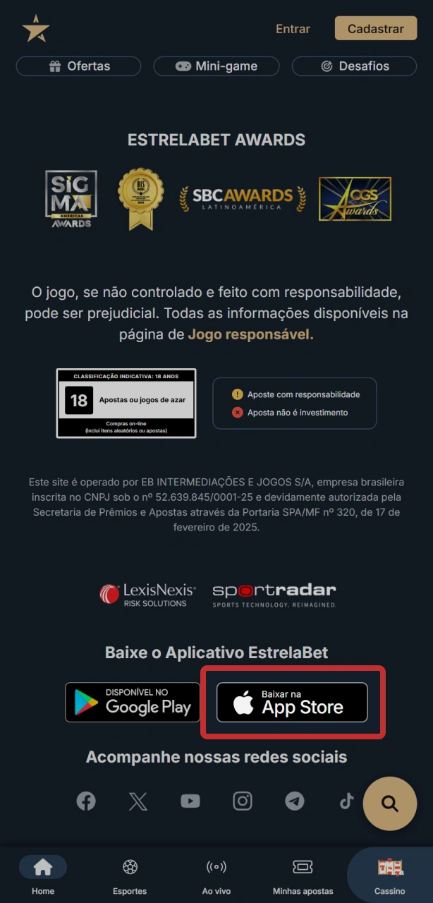 Acesse esta página e clique no botão de download do app EstrelaBet no iOS.