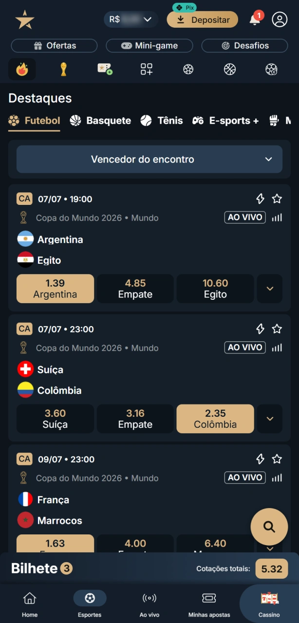 Selecione o evento e o mercado desejado no app EstrelaBet para apostar.