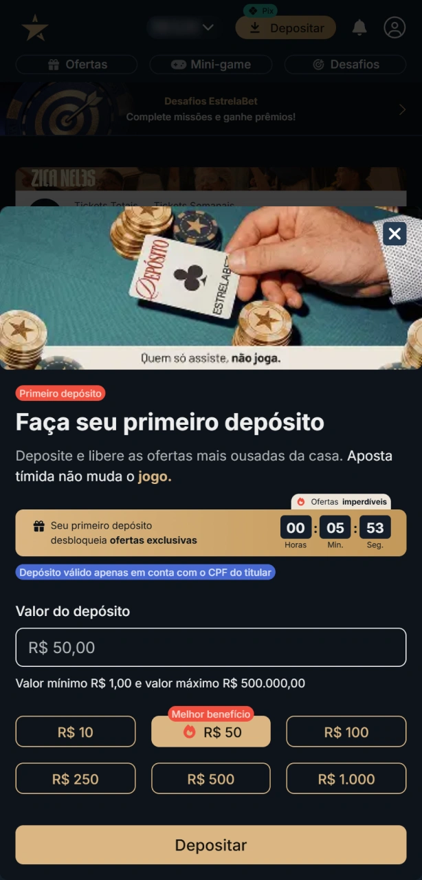 Deposite e ative seu bônus no app EstrelaBet para começar a jogar.