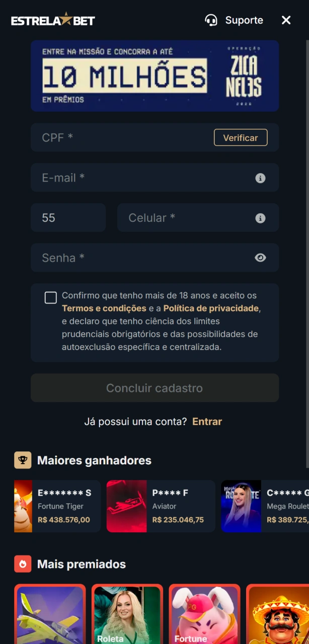 Escolha o método de registro que preferir no app EstrelaBet.