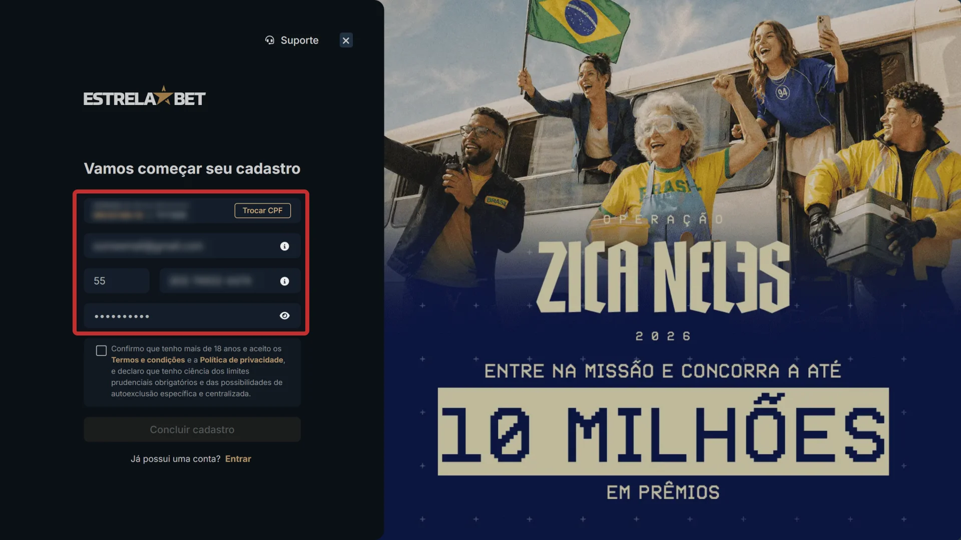Preencha seus dados pessoais para criar sua conta no EstrelaBet hoje.