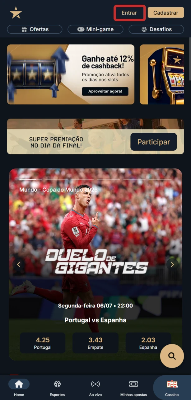 Clique em “Entrar” no app EstrelaBet para abrir a tela de login.