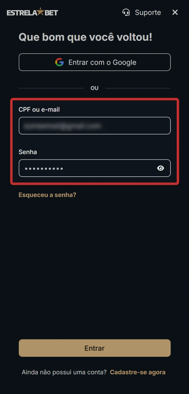 Informe suas credenciais de acesso no aplicativo oficial da EstrelaBet.