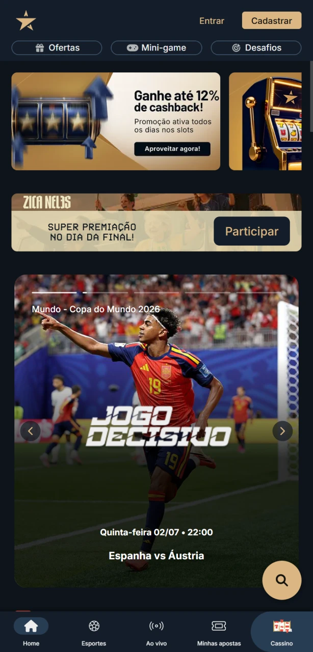 Explore a página inicial da EstrelaBet para fazer apostas online no Brasil.