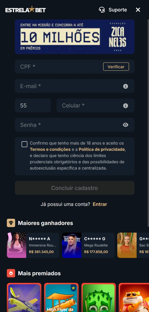 Crie o seu cadastro na EstrelaBet e comece a jogar agora mesmo.